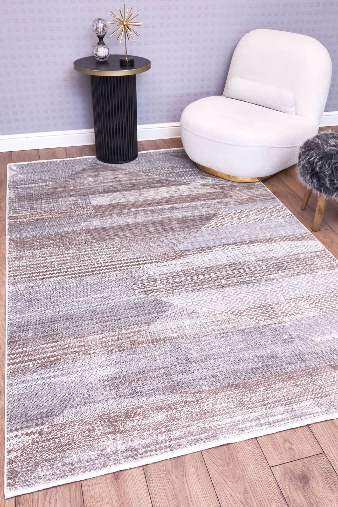 Heriz 8218 Gri - Viskon Bambu Dokuma Halı | Modern Salon Halısı